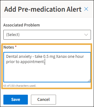 Add Pre Medication Alert window with yellow highlight box around the Notes textbox.